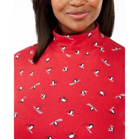 Karen Scott Red Skiing Penguins Printed Cotton Mock-Neck Top - Picture 3 of 9